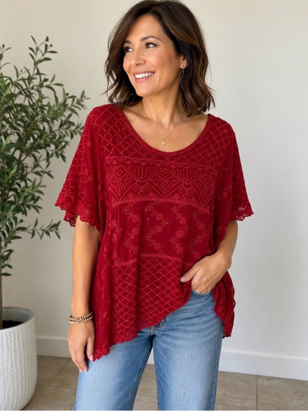 Johnny Was Red Crochet Lace Tunic Top size M